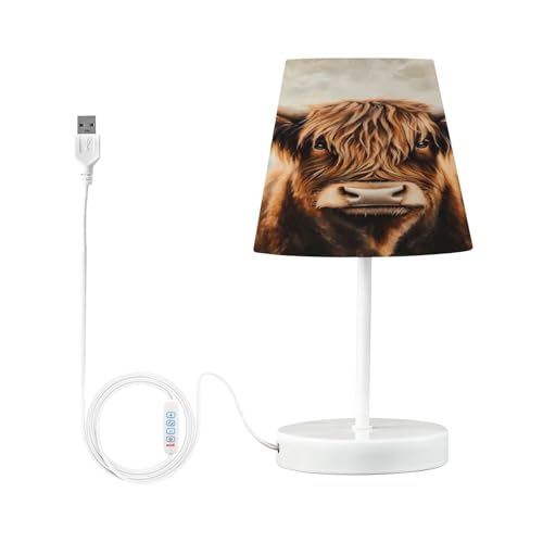 Mnsruu Lámpara de mesa de noche con diseño de vaca de las tierras altas, color marrón, lámpara LED de escritorio, pantalla de tela, lámpara pequeña para dormitorio, sala de estar (bombilla incluida)