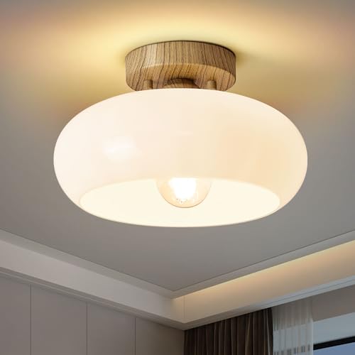 WOKNOS Mid-Century Modern Semi Flush Mount Ceiling Light, Faux Wood