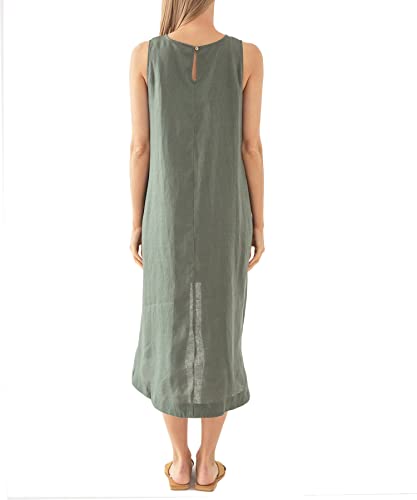 Image of Amazhiyu Women's 100% Linen High Low Midi Dress with Pocket | Summer Casual Flowy Dresses, Sleeveless Crewneck Dresses, Solid Color