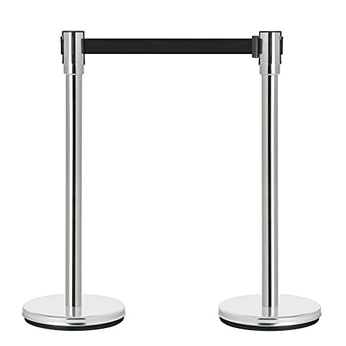 Image of DuraSteel Chrome Crowd Control Barriers Stanchions with Retractable Belts - Metal Stanchion Posts w / 6.5ft Black Retractable Barrier Belt Ropes - Queue VIP Safety Line Dividers - Set of 2 Stantions