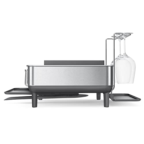 simplehuman Large Capacity Dish Drying Rack with Stainless Steel Frame, 360º Easy Drain Swivel Spout, Utensil & Wine Glass Holder, Anti-Residue Coating, Moisture Control Surface, Grey