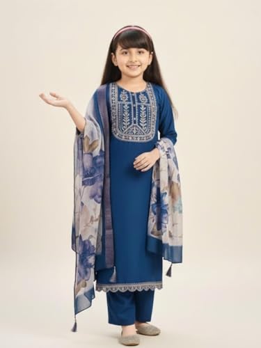 Image of Girls Ethnic Embroidered Silk Kurta Pant and Jacquard Dupatta Set | Kids Salwar Suit | three piece Traditional Outfit