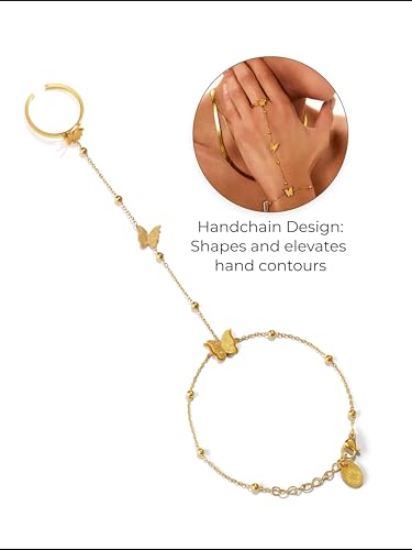 18K Gold PVD Coated Stainless Steel Butterfly Hand Chain Bracelet Ring Set, Adjustable 6