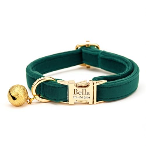 Custom Cat Collar with Bells Personalized Small Cat Collar Engraved Name & Phone Number with Secure Metal Quick-Release Buckle Adjustable (Christmas Green)