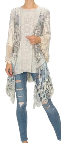 Elegant Lace Trim Cardigan Tank Vest, Crochet Detail, Long Sleeve, White and Gray