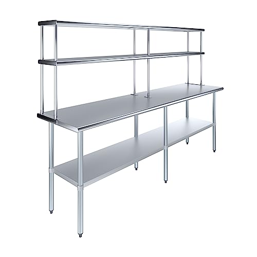 Image of AmGood Stainless Steel Work Table with 12 inch Wide Double Tier Overshelf | Metal Kitchen Prep Table & Shelving Combo | NSF (Stainless Steel Table with Double Overshelves, 96 inch Long x 24 inch Deep)