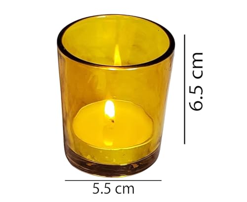 Image of Pure Source India Set of 12 Votive Glass Candle Holders with Tealight Candles | Decorative Diwali Lights for Home, Pooja & Festive Decor (Yellow)