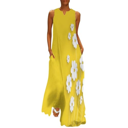Robe d'été sans manches imprimé fleurs élégantes avec poches pour femmes