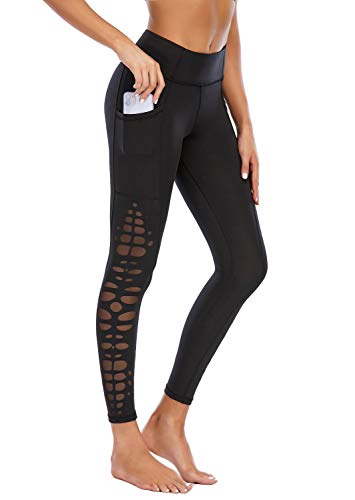 Cstown Mesh High Waist Yoga Leggings With Pockets Non See-Through Tummy Control 4 Way Stretch Black S #TOP4