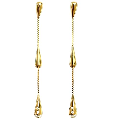 Teardrop Tassel Earrings for Women 14K Gold Plated CZ Dangle Drop Cascading (Gold)