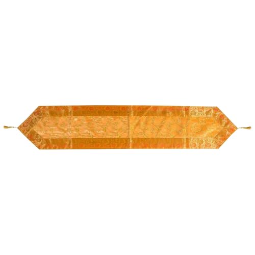 Image of E-EZRA Banarsi Brocade Jacquard Silk Center Table Runner Coffee Brown Long Ethnic Table Home Decor Floral Traditional Dining Table Cloth Runner Up | 72 By 14 Inches Gold