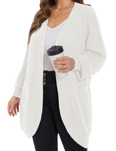 Image of MONNURO Womens Plus Size Open Front Cardigan Waffle Knit Long Sleeve Sweaters Tops Fall Coat Outerwear with Pockets