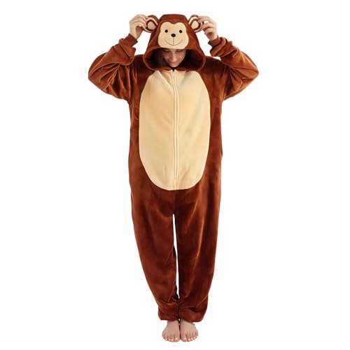 ressber Unisex Adult Onesie Pajamas Animal One Piece Halloween Costume Christmas Sleepwear Jumpsuit (Monkey, Small)