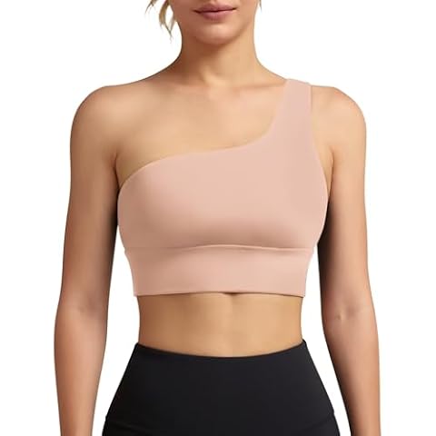 QUEENIEKE Womens One Shoulder Sports Bra Workout Strap Yoga Bras Cute Medium Support Tops Tank Gym Sexy Athletic Top Pink XX-Large Cover