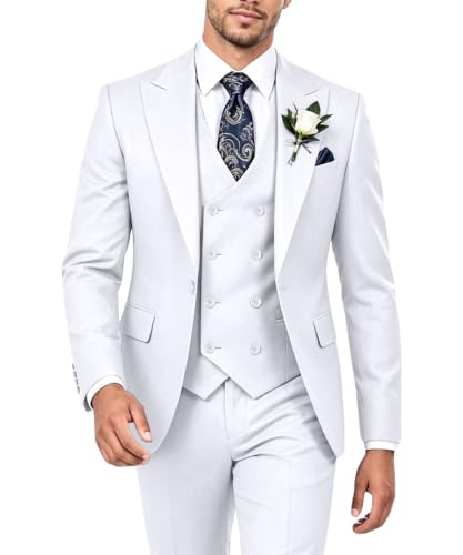 Double Breasted Mens Suit 3 Piece Slim Fit Tuxedo for Men Wedding Suits M | Suit for Men,Blazer Vest Pants Set,Men's Graduation Homecoming Party Dinner Outfit,Adjustable Waist,Lightweight