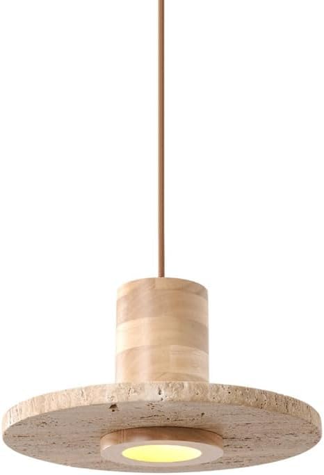 Suspension wabi-sabi en travertin jaune et bois pour îlot de cuisine