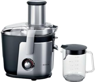 Bosch XXL Entsafter, für Obst und Gemüse, große Mengen, XXL Einfüllschacht, schnell, kein Vorschneiden, 1,25l Saftbehälter, leichte Reinigung, spülmaschinenfest, 1200 W, silber, Vi