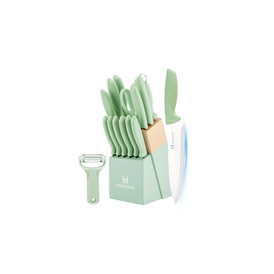 Knife Set With Block,Howashin14 Pieces Kitchen Knives Set With Block,High Carbon German Stainless Steel Knife Set With Sharpener Rod,Scissor and Peeler as A Gift,Green Knife Block Set