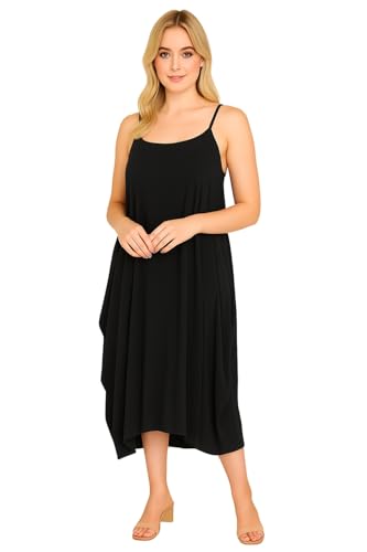 STAR FASHION Women's Cami Midi Dress Italian Lagenlook Parachute Tunic Dress Sleeveless Plain Scoop Neck Strappy Summer Dresses Ladies Loose Fit Casual Party Wear Black 12-14