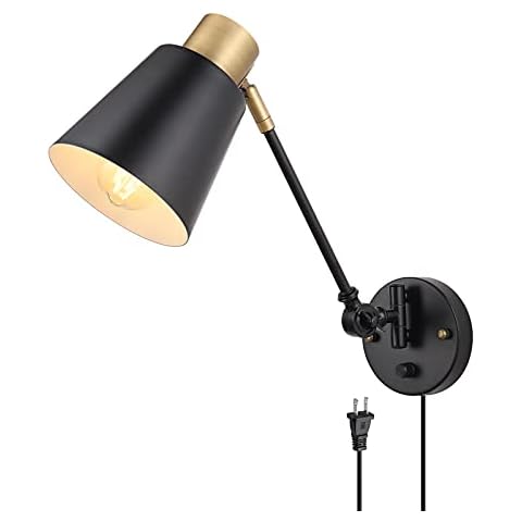 GOODATE Dimmable Wall Lamp with Plug in Cord, Plug in Wall Sconces, Swing Arm Sconces Wall Lighting with On Off Switch, Metal Black Brass Industrial Wall Sconce Plug in Wall Light, E26 Base Cover