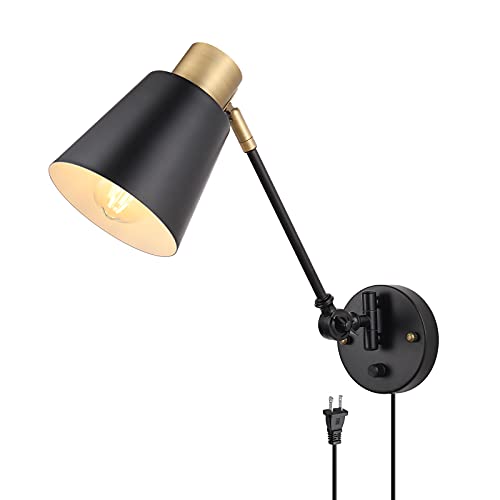 GOODATE Dimmable Wall Lamp with Plug in Cord, Plug in Wall Sconces, Swing Arm Wall Light with On Off Switch, Metal Black Brass Industrial Wall Lamp for Bedroom, Living Room, E26 Base by GOODATE - Used condition - US$18.14