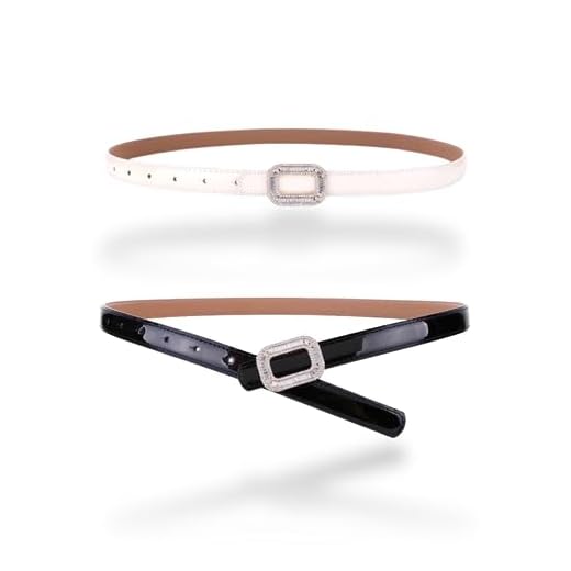 Cinto feminino de couro legítimo, cinto de couro envernizado, dourado, retangular, brilhante, strass, fivela na cintura, Pacote com 2, preto e off-white, For Waist 28"- 34", Women Size S-M, 4-6