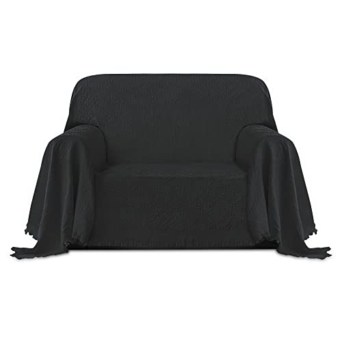 Image of PureFit Geometric Jacquard Throw Sofa Cover - Textured Soft Washable Decorative Couch Covers for 3 Cushion Couch, Throw Cover with Tassels Furniture Protector for Pets, Kids (Small, Dark Gray)