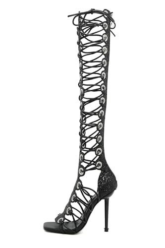 Image of STUPMARY Women Peep Toe Sandals Cut-outs Cross-tied Lace Up High Heeled Gladiator Sandals Zipper Over The Knee Bootie Summer