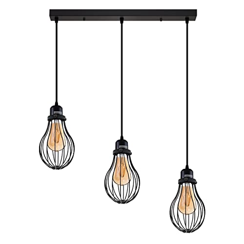 LEDSone Vintage 3 Way Cluster Pendant Ceiling Light Black Diamond Wire Cage Lampshades Adjustable Hanging Cables E27 Holder for Kitchen Dining Room