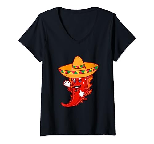Piment mexicain amusant avec sombrero Cinco de Mayo T-Shirt avec Col en V