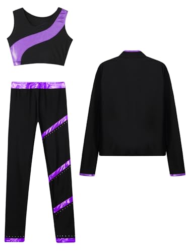 Kids Girls Dance Outfit 3 Pcs Gymnastic Suit Ice Skating Long Sleeve Jacket Crop Top with Pants Set Tracksuit4