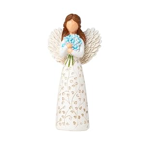 Decorative Angel Figurine with Forget-Me-Not Bouquet, White Dress with Leaf Pattern, Tree of Life Design – Collectible Sculpture for Mom Gifts, Forget Me Not Gifts for Women(Blue Flower)