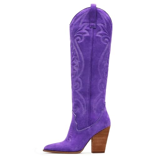 WIRALOMI Knee High Boots, Faux Suede Leather with Chunky Heel, Pointed Toe with Embroidered, Cowboy Boots Block Heel, Purple Suede 7