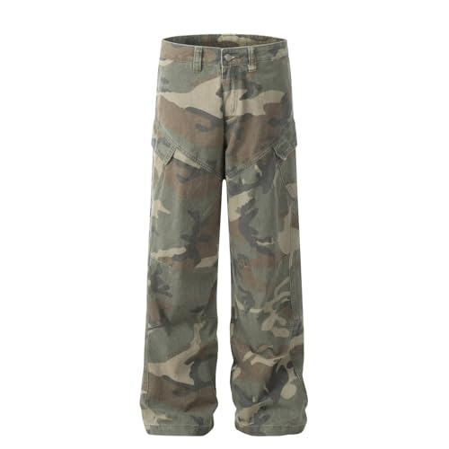 Jeans Pants Trouser Denim Retro Trendy Street Camo Design Multi Pocket Casual Commuter Straight Leg for Man