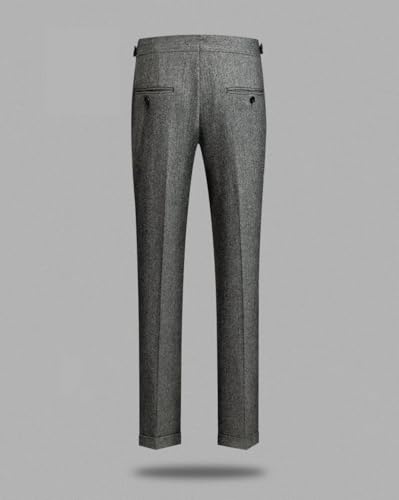 Ceehuteey Men's Business Dress Suit Pants Thick Wool Pleated Front Herringbone Tweed Trousers4