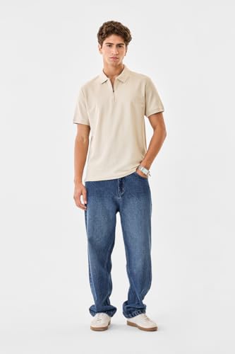 Image of SNITCH Men Polo T-Shirt | Modern Zip Closure & Textured Weave Design | 100% Cotton Breathable Fabric & Regular Fit Minimalist Style, Versatile Casual Wear