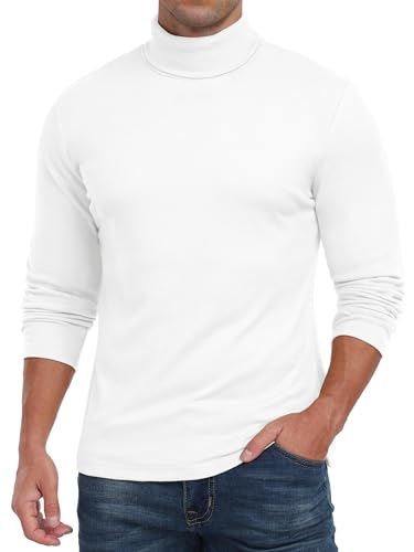 QIXING Mens Long Sleeve Thermal Underwear Tops Turtleneck Thermal Winter Warm Shirts for Mens Basic Layer Tops(White, L)