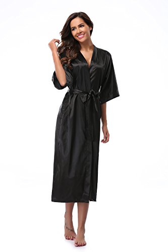 Vogue Bridal Women's Long Satin Kimono Robes Solid Silk Kimono Bathrobes In V-Neck, Black Xl #TOP3