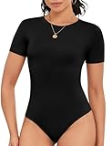 DSPSAM Cute Tank Top Bodysuit for Womens Sexy Crew Neck Short Sleeve Bodysuits for Women One Piece Party Clothing (Black Large)