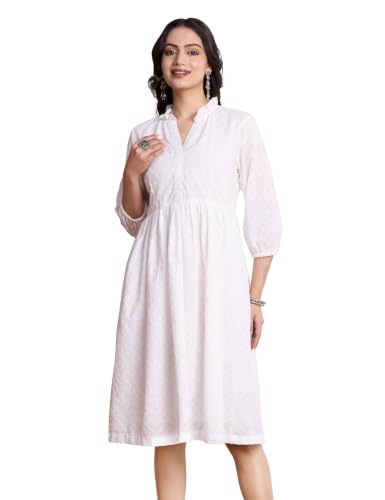 Image of Amazon Brand - Myx Women's Schiffli Embroidery Ethnic Dress | Fit and Flare | Knee Length (Available in Plus Sizes)