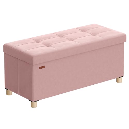 SONGMICS Puff Almacenaje Pequeño, Banco Plegable, 38 x 76 x 38,5 cm, Reposapiés, 77 L, Superficie de Terciopelo, para Dormitorio, Sala de Estar, Dormitorio, Rosa Jalea LSF0517R01