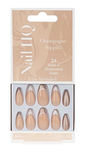 Nail HQ Press On Nails – Champagne Sippin’ Almond Nails, 24 Durable Glossy Finish False Nails for Salon-Quality Manicure at Home