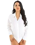 Hansber Women's Long Sleeve Button Down Shirts Bodysuit Turn-Down Collar Blouse Casual Work Wear White Large