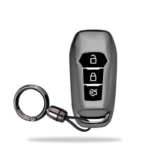 Image of SIAGO TPU Key Cover and Round Key Chain Compatible with Endeavour, Figo Aspire, Freestyle 3 Button Flip Key (Grey)