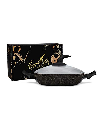 Rossetti® Made in Italy Heavy-Duty Forged Marble Cookware | 28cm Low Casserole Braiser + Lid | Black & Gold No-Mess No-Fuss Carefree Cooking | Dishwasher Safe PFOA & Lead Free