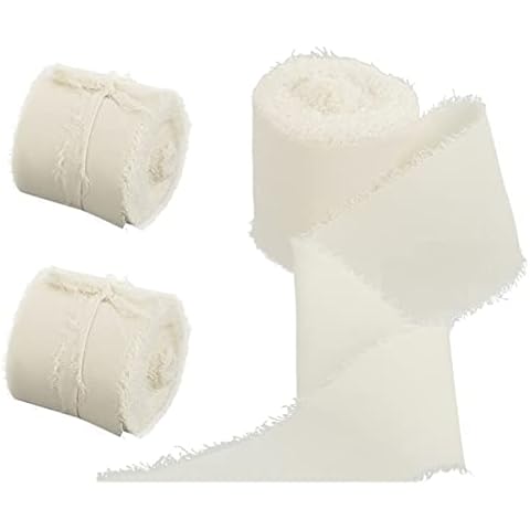 Cream Chiffon Gauze Ribbon 1.5 Inch x 7 Yards, 3 Rolls Ivory Handmade Fringe Chiffon Silk Ribbon for Bridal Bouquet, Gift Wrapping, Floral Arrangement, Baby Shower, Wedding Invitations and DIY Crafts Cover