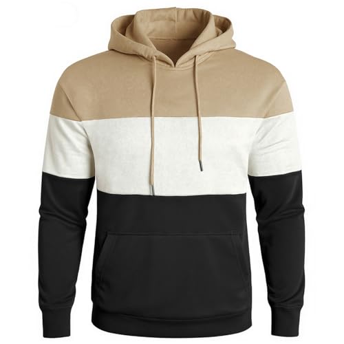 Misfuso Hoodie Herren Pullover Sweatshirt FarbblockLangarm Kapuzenpullover Sweatjacke mit Tasche-Khaki-M