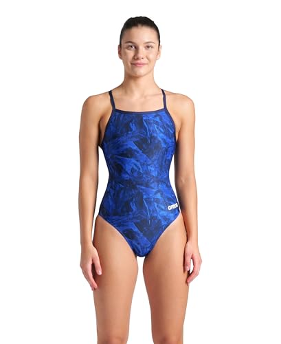 ARENA Women's Swimsuit Crackle Team Print MaxLife Sports Suit Light Drop Back One Piece Bathing Suit Competition Training Racing Swimwear, Navy/Team Navy, US Size 20