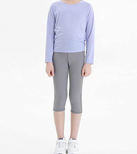 Tagihoo Girls Capri Yoga Pants Kids Athletic Dance Sport Workout Cropped Leggings With Pocket (Gray+Black,140) #TOP2