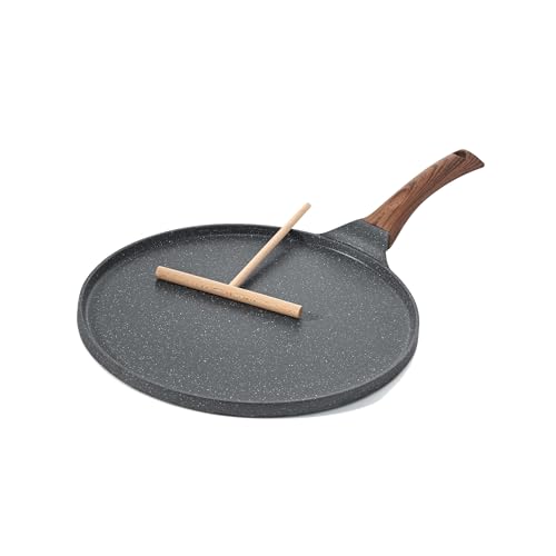 SENSARTE Nonstick Crepe Pan Swiss Granite Coating Dosa Pan Pancake Flat Skillet Tawa Griddle 26-CM with Spreader Induction Compatible PFOA Free(Grey)